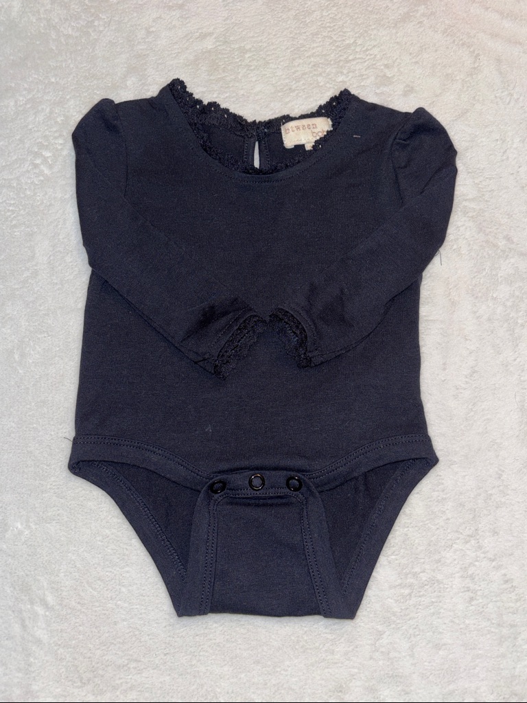 (3 For $10) Btween Babylong-Sleeve Black Baby One-Piece Bodysuit With Lace Trim